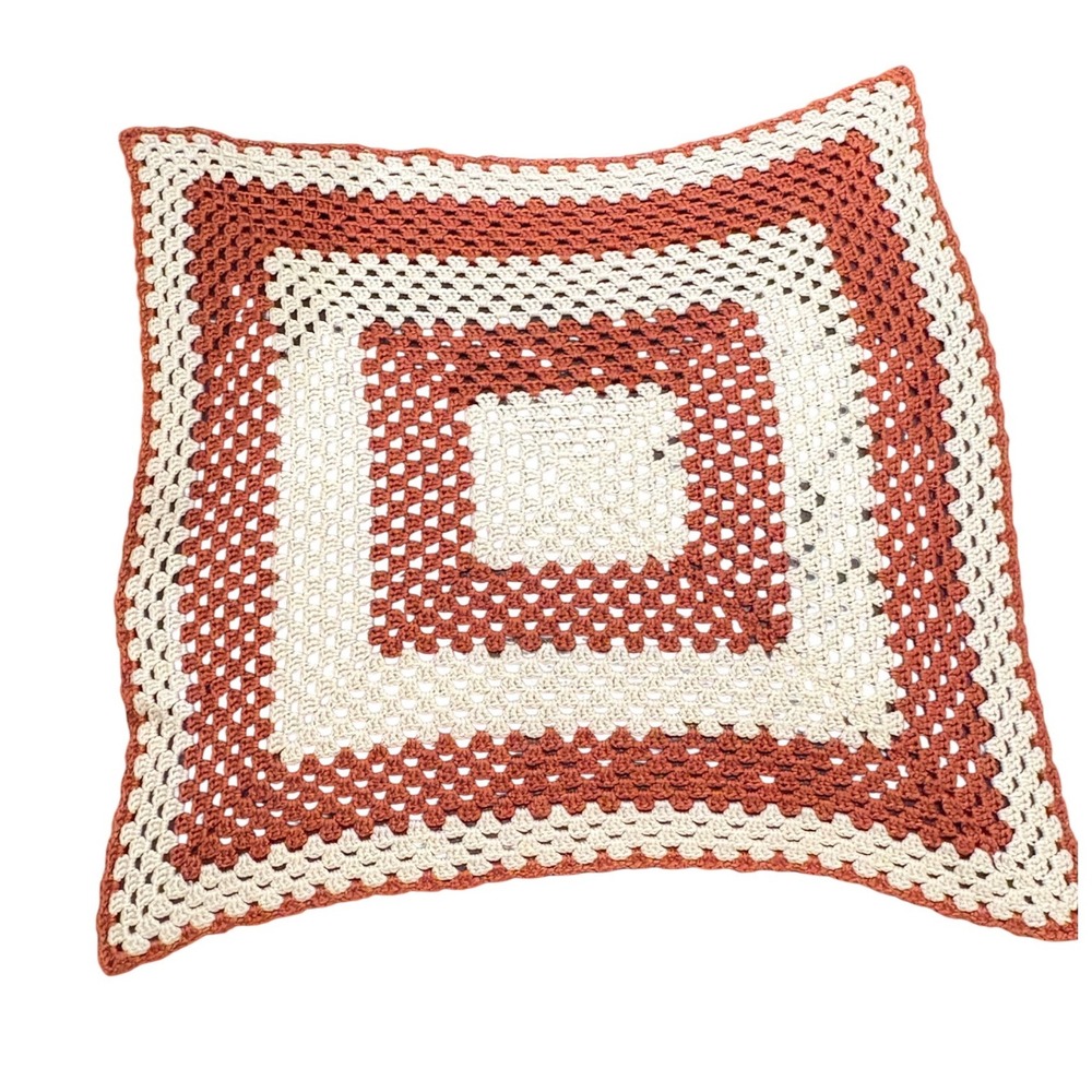 Vintage Handmade Crochet Granny Square Throw Blanket Rust Cream 40x40 Afghan